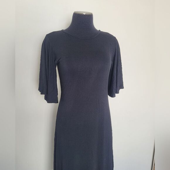 2Hearts Jersey Knit Dress Bell Sleeves Full Skirt Black Midi Soft Casual Medium - Picture 8 of 10